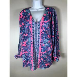 Lilly Pulitzer Women's Pamala Lileeze Blouse Pink Floral Size XL 3/4 Sleeve